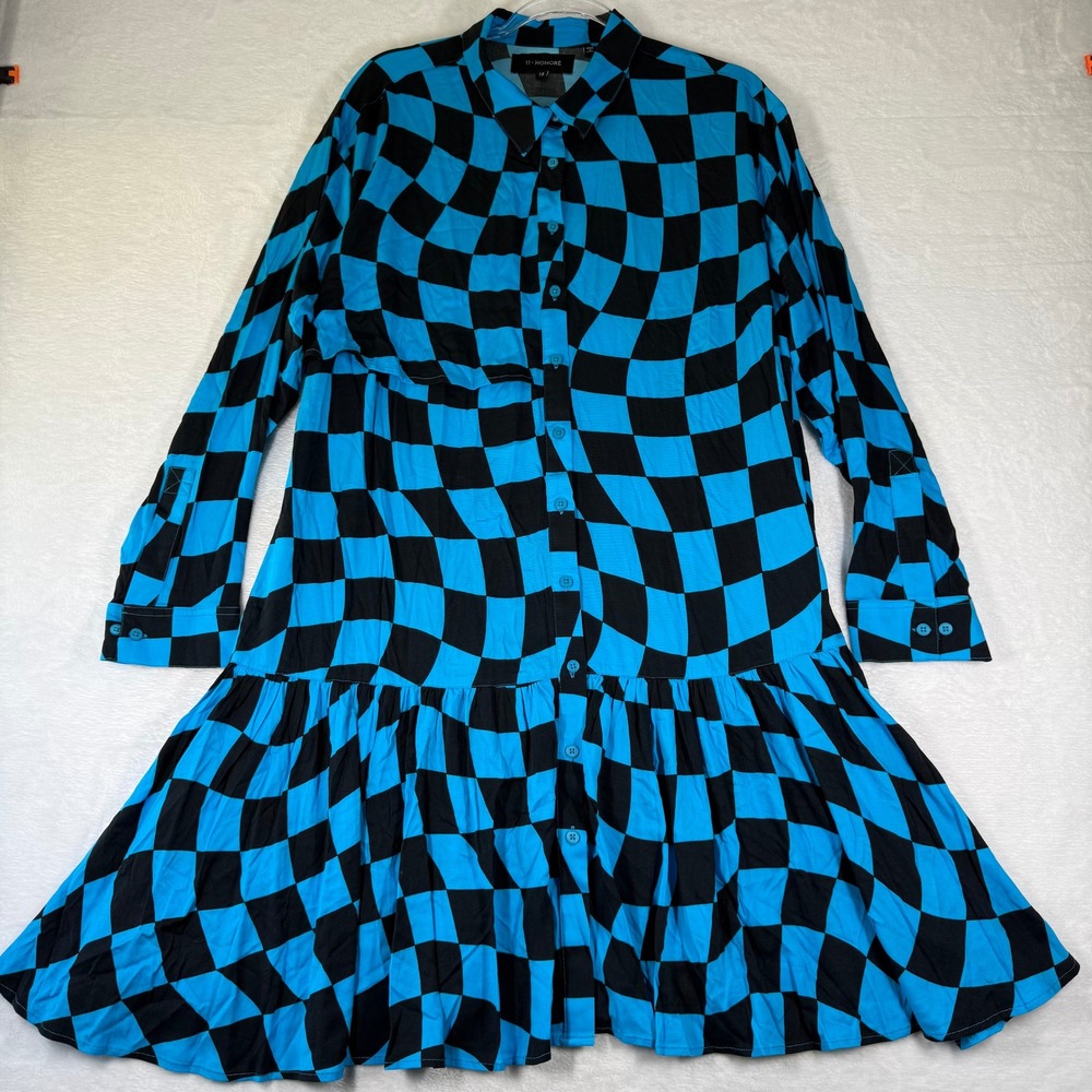 11 Honore Blue Black Warped Checkerboard Button Down Shirt Dress Plus Size 18